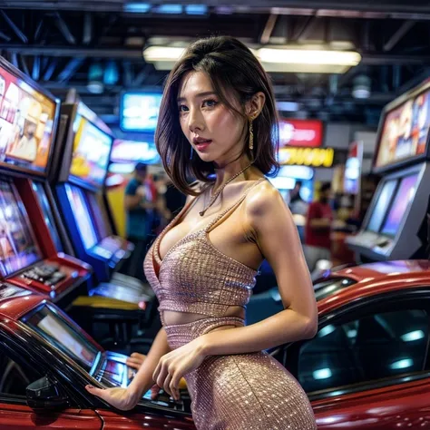 gameshow event girls in skinny tube-top dress, (extremelydetailed((song joo a))) clearly visible the shape of butt, full of (gam...