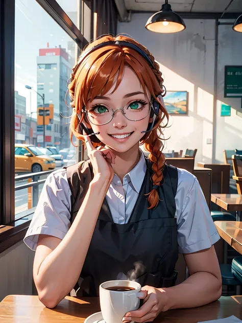 point of view across table, sitting, orange hair, one braid, headset, orange safety glasses, green eyes, military clothing, bull...