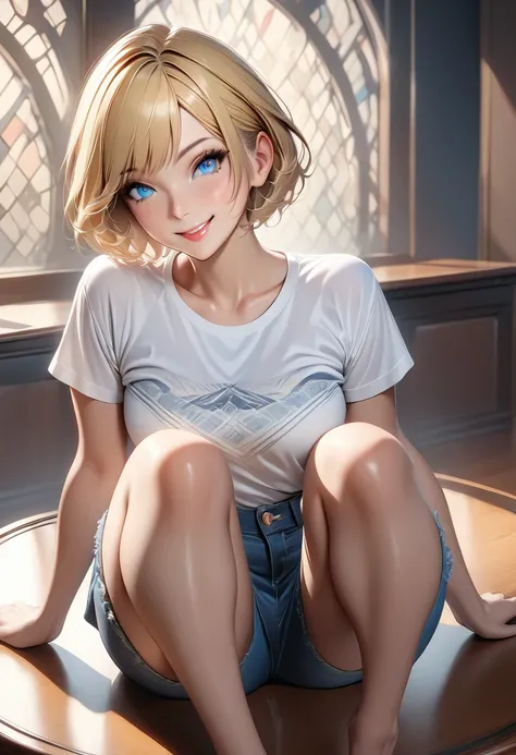 (masterpiece, best quality:1.2), solo, a cute lady, blonde hair, pixie cut, blue eyes, smile, white t shirt and long denim pants...