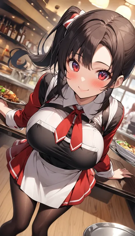 One Woman、beautiful girl、waitress、20-year-old、Side Ponytail、restaurant、waitressの制服、Short skirt、Black Pantyhose、Highest quality, smile,Big Breasts、Very big 、Put your on the table、 sinking into the table、Empty tray、Place breasts on the tray、Bust up angle