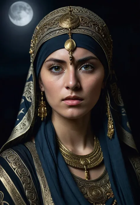 Professional photo, girl in intricate beautiful and rich clothes, stern look of a warrior, headscarf wrapped around head and neck, head tilted forward, intense and intense look, half plan, darkness, moonlight, Ancient Byzantium in the background. High deta...