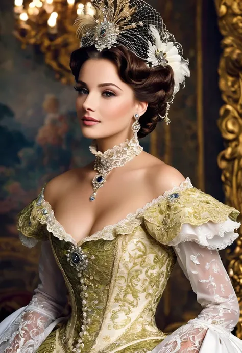 8k,highres,absurdres,masterpiece,best quality,original,extremely detailed CG,extremely detailed wallpaper,perfect lighting,There is a beautiful woman, loira de olhos azuis, (em um vestido branco), (Terno estilo Victoria), 1 8 7 0 s Seasonal clothing, roupa...