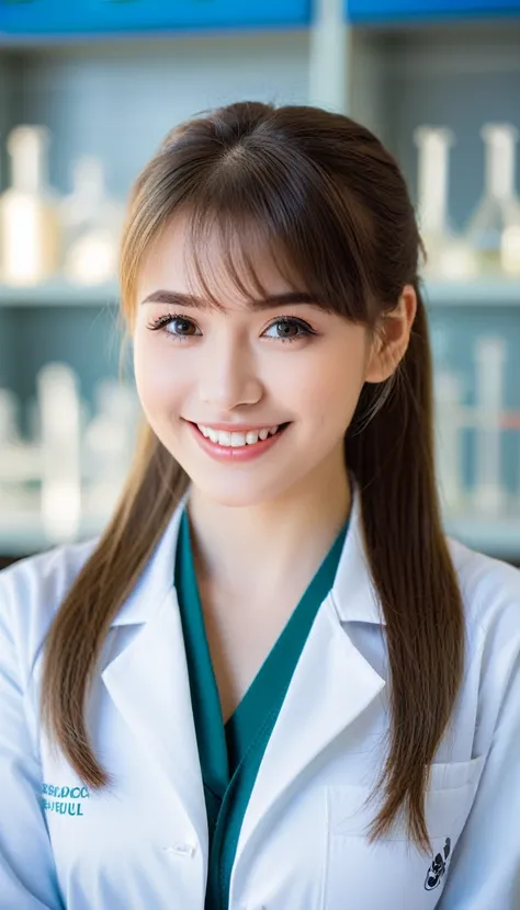 Close-up of half of the body ((extremely beautiful girl)). Her eyes are filled with happiness and desire. The background is a biology lab. She is wearing a lab coat, a human skull. The photo conveys a strong sense of the girls appearance, ((smiling))