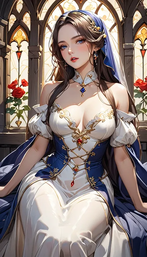 beautiful woman, shining eyes, make-up, amorous and lewd expression, seductive medieval long dress, great proportion, 2.5D, delicate and dynamic, portrait art, everything is of the highest quality