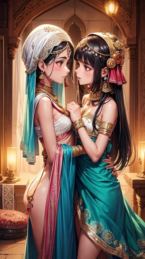 2 young and skinny Indian girls kissing, wearing typical clothes and accessories, having sex with a masquito, mandalas and Islam in the background