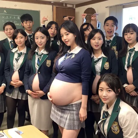 very very big pregnant midriff school blazer woman,belly button, classroom,(group photo,20 people)