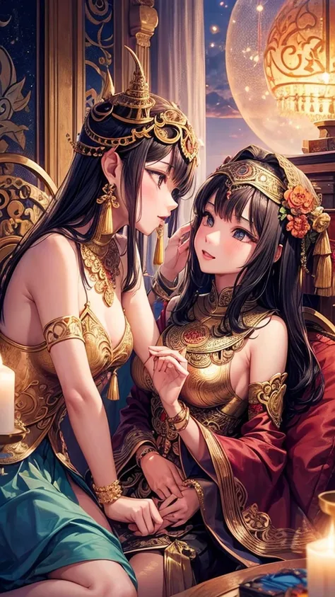 2 young and thin Thai girls kissing, wearing typical clothes and accessories, having sex with a masquito, mandalas and Islam in the background