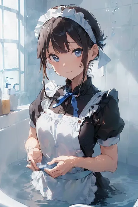 (Ultra high quality:1.6), (Highest quality:1.4), (Attention to detail:1.4), (Ultra-high resolution:1.6), (Detailed face:1.4), (Perfect Face:1,4), (Beautiful Eyes:1,6), (Detailed eyes:1.4), (Maid clothes, White apron, Headband, Black Dress, Blue ribbon, Mai...