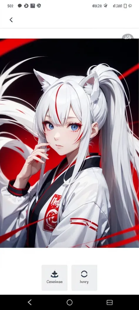 A girl wearing a white Japanese fox mask, long white haired girl in Japanese styled ponytail, one red streams, long bangs, blue sharp eyes, she sports has two red stripes in her cheeks, Japanese restaurant clothing.