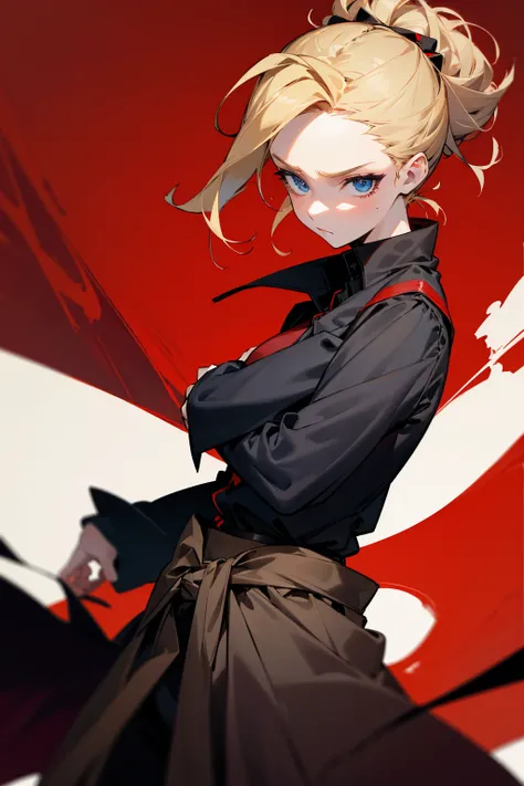 1female, blonde hair, messy updo, blue eyes, somber expression, blackundershirt, red overcoat, red baggy joggers, black cloth belt, shirt tied around waist, foggy background, hands to side, detailed face 