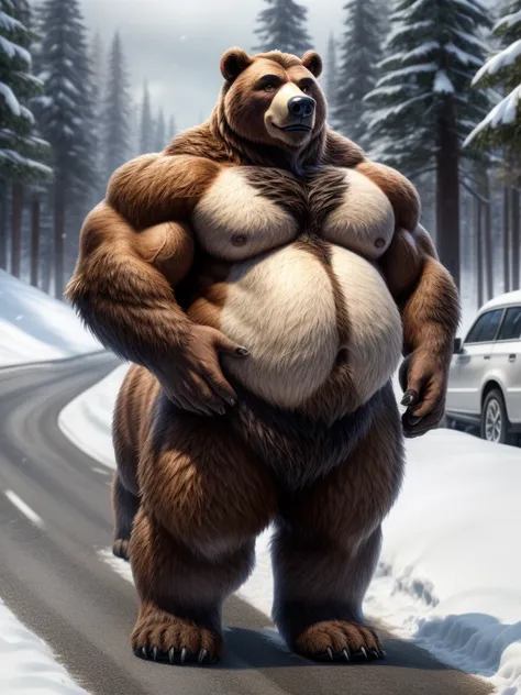 furry, fur taur, beartaur, middle-age, solo,1man, detailed face, bear ears, bear eyes(brown), bear nose(black), bear mouth, beard(grey), mature hair(grey), detailed arms, thick arms, muscular, thick hands(5 fingers), detailed body belly, thick body, muscle...