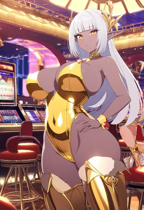 17yo girl, dark elf, silver hair, long hair, hime cut, J cup breast, thicc thigh, golden leotard, golden heels, casino scene, clear view.