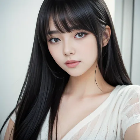 Close-up of a woman with long black hair, Real life anime girls, she has black hair With bangs, Larisa Manovar, neat hair With bangs, Straight Hairstyles, Has long hair and sharp eyes, Straight black hair, With bangs, Girl cute beautiful face, 8K Selfie, C...