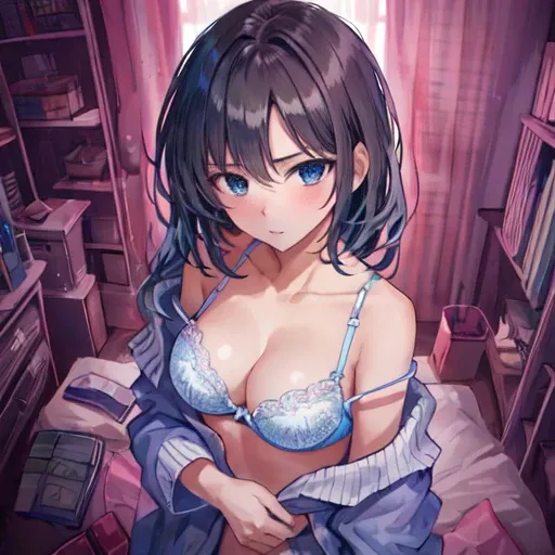 Browsing Caution,night,Change of clothes,{{Beautiful big breasts 1:2}},avert your eyes,{{high school girl}},Dirty room,Bed in the back,Distraught look,{{Off-shoulder bra}},View your viewers, Cowboy Shot, From above,15 years old,blush,Photorealistic 1;4,{{L...