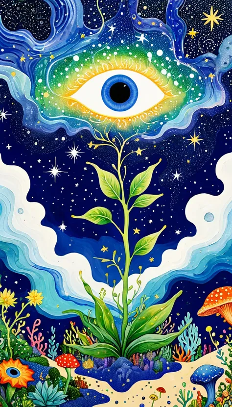 psychedelic art。plant、marine life、eye、starry sky，an abstract painting at the joint，describing the inner world of autistic people...