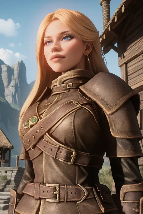 1 girl, masterpiece, 32 yo, femalebreton beauty sits outdoors in a rustic Skyrim village, surrounded by thatched roofs and lush greenery. The sun casts a warm glow on her porcelain skin as she gazes directly into the camera lens, her piercing green eyes sp...