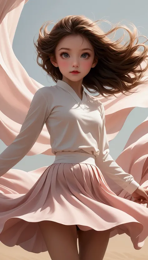 Full body portrait；Beautiful dance photography；A little girl，Solitary；A dancing little girl；[Black Eyeball，confidence，High and cold，happy]；[Long skirt elegant style，Long sleeve；Set，Light pink and white gradient，Traditional style，The skirt has no pattern，Th...