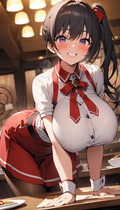 One Woman、beautiful girl、waitress、20-year-old、Side Ponytail、restaurant、waitressの制服、Short skirt、Black Pantyhose、Highest quality, smile,Big Breasts、Very big boobs、Put your on the table、 sinking into the table、Put your  on the table、Bust up angle、Place breast...