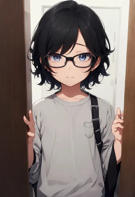 1 boy, cute, adorable, Thick black frame glasses, shy, black messy hair, bluish-grey eye color, wearing glasses, 4k, detailed, anime 4k, 