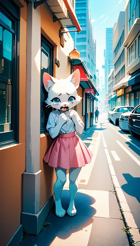 crying kitten on a street corner, city street corner、a white furry kitten is crying with big tears, skyscraper、cars passing by o...