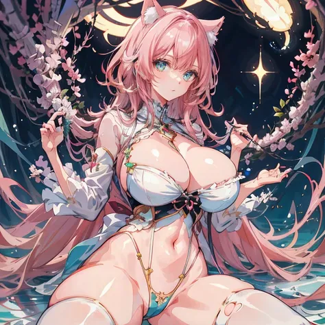 Anime Kawaii sexy Perfect Slim sensual body large breast and huge thighs, An intricate and highly detailed illustration of anime (Young girl). Complicated Details， 1 ，  Ridiculously Long Pink Hair， Calico cat ears， Anime Kawaii sexy Perfect Slim sensual bo...