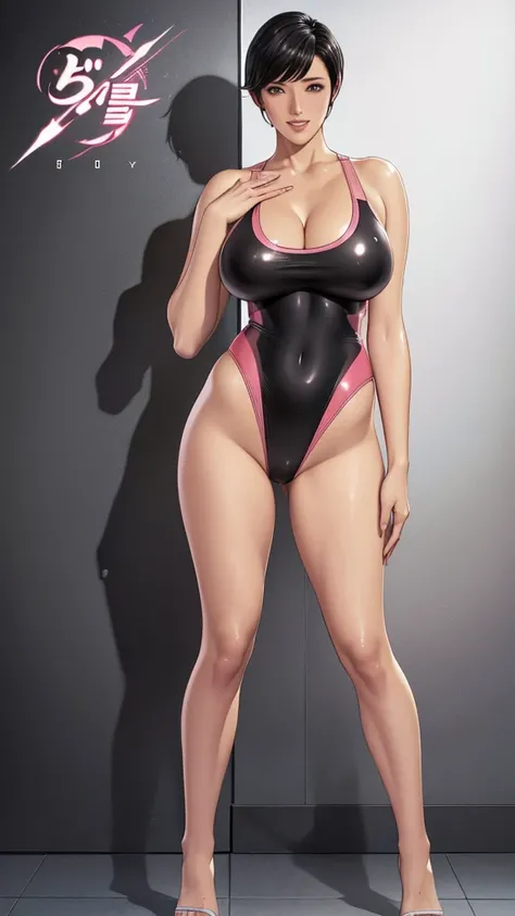 masterpiece、High resolution、High resolution、High resolution、1 female、very近い、((Full body depiction、very, very big breasts))、((Black Hair、short hair))、A kind smile、Laughing with your mouth open、Pink Lip Gloss、((Swimsuit、mansuji、Place your hands behind your b...