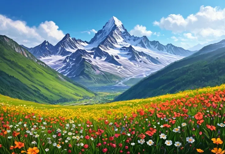 painting of a mountain with a field of flowers in front of it, painted landscape, mountainscape, 8k resolution digital painting, 8 k resolution digital painting, a digital painting, oil digital painting, digital painted, 4 k digital painting, 4k digital pa...