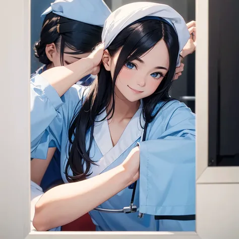 nursing aide,one girl,solo,blue or white scrubs,not wearing a hat or cap, frame it up to the top of the head, The top of my head doesnt come out of the frame,Facing forward,smile,technology,A girl caring for her grandmother.