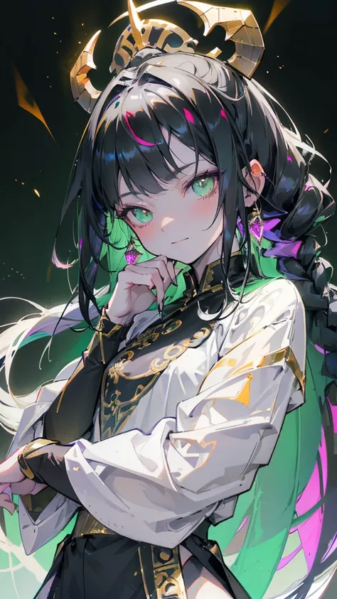 cheerful boy aristocrat open forehead. dark green hair braided in a ponytail on the left side to one side. sinuous black horns wrapped in dark green ribbon. pale green eyes. in short dark green shorts. long white T-shirt. dark green knee-high socks. a whit...