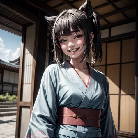 hyper realistic, young japanese girl, ((bad crooked teeth)) , ((yaeba teeth  smile )), ((wearing a kimono))