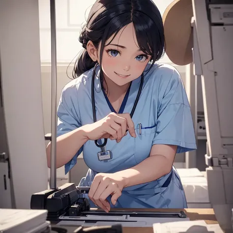 nursing aide,one girl,solo,blue or white scrubs,not wearing a hat or cap, frame it up to the top of the head, The top of my head doesnt come out of the frame,Facing forward,smile,technology,A girl caring for her grandmother.