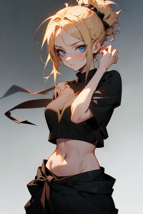 1female, blonde hair, messy updo, blue eyes, somber expression, black crop top, red baggy joggers, black cloth belt, shirt tied around waist, foggy background, hands to side, detailed face