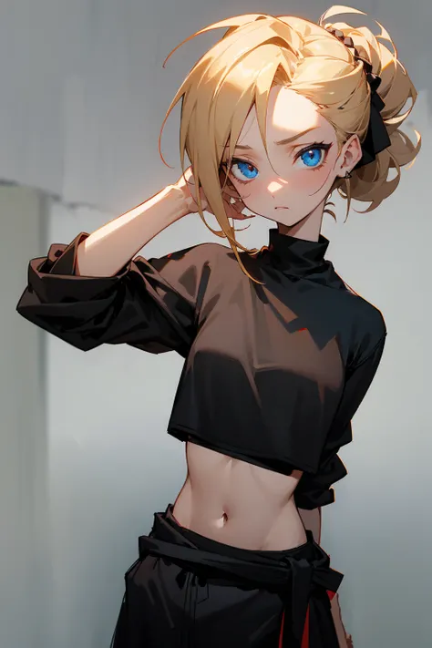 1female, blonde hair, messy updo, blue eyes, somber expression, black crop top, red baggy joggers, black cloth belt, shirt tied around waist, foggy background, hands to side, detailed face