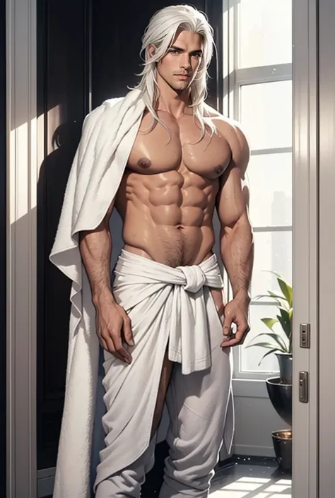 A tall, handsome, statuesque, masculine, adult man is platinum blond, he has tanned skin, blue eyes, long straight platinum hair, he is stripped to the waist, stands in the middle of the room, covers his groin with a large snow-white towel. His hair is wet...