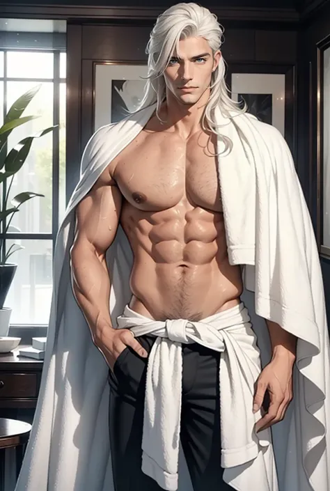 A tall, handsome, statuesque, masculine, adult man is platinum blond, he has tanned skin, blue eyes, long straight platinum hair, he is stripped to the waist, stands in the middle of the room, covers his groin with a large snow-white towel. His hair is wet...