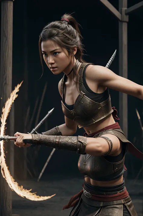 Generate a photorealistic 3D rendering of a young warrior capturing her majestic beauty with intricate details in an alternate reality, in combat throwing 6-Pointed Ninja Star 