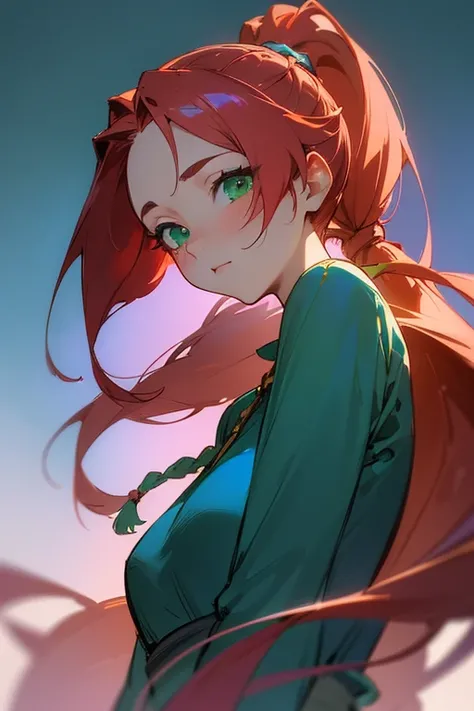 anime, High resolution, Woman close up ((Red braided low ponytail hair)) and (((the most beautiful Green eyes))) in (((Blue clothes))), (((determined)), 8k, Unreal EnGine 5, オクタンレンダリンG, Cute, GamanG, Yoon Gonji, G.To, Gosonjak, Schloop, Severe, Dorm, Noah,...