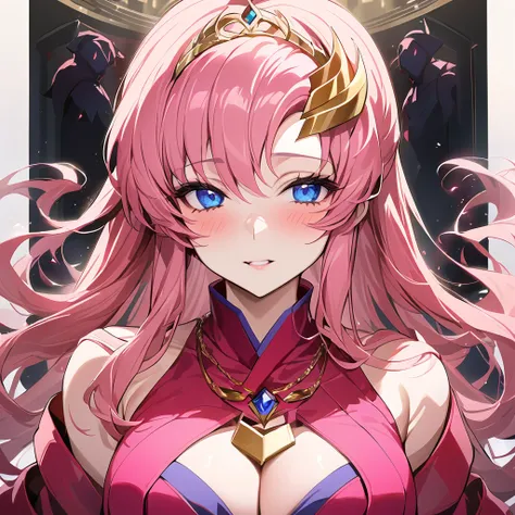 ((Highest quality)), ((masterpiece)), (detailed), （Perfect Face）、The woman is Lacus Clyne, a shrine maiden of the evil god, a saint of darkness, and the wife of the leader of the evil god cult. She has blue eyes, medium-long pink hair, a hair ornament, is ...