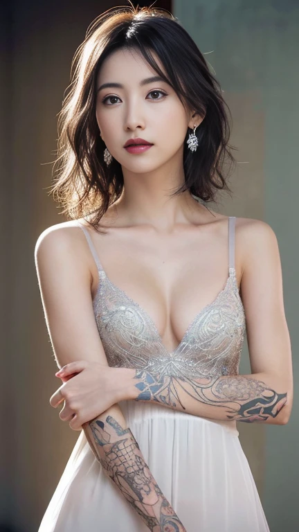 Anime-style woman, thin, thin, whole body, Full of tattoos, Lots of earrings, Beautiful and shiny hair, Rainbow Eyes, Slanted Eyes, Wavy Hair, Kind and charming, shoulderを露出させる, Delicate and sexy collarbone, Attractive oval face, double eyelid, Pink Lips, ...