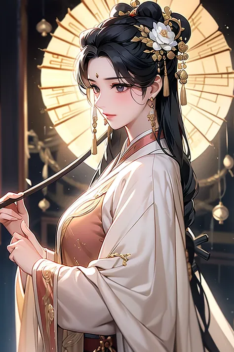 black hair, immortal, royal sister, stepmother, gold robe, taoist robe, chinese style, hair bunch, light blush