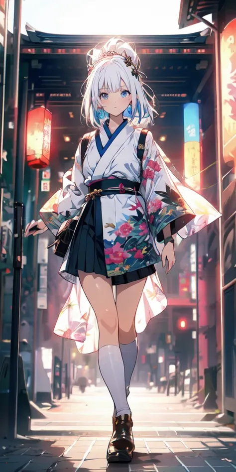 HQ, 8K, Anime girl, white hair, dark brown eye, azure dress, katana, old japanese outfit