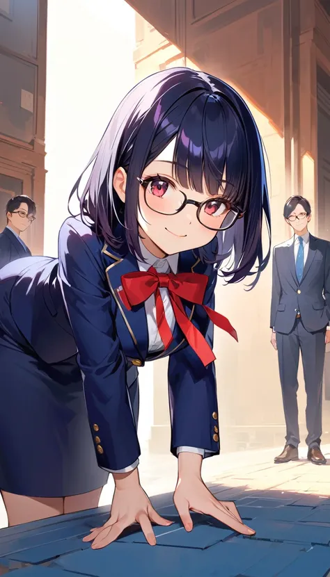 (looking at viewer), A high school girl with black short bob hair, Glasses,Red ribbon,wearing a navy blazer , A high school girl with black short bob hair, wearing a navy blazer ,Glasses, Navy long skirt,please,Are standing,Bowing the head,Leaning forward,...