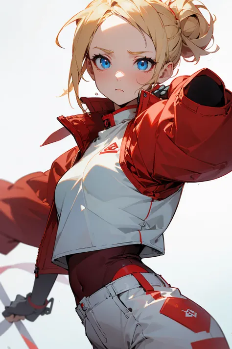 1female, blonde hair, messy updo, blue eyes, somber expression, white tee, red puffer jacket, white and red accent design pants, foggy background, hands to side, detailed face