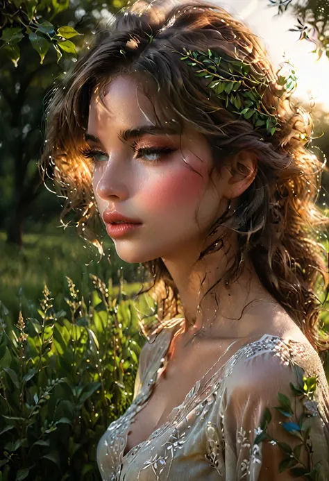 woman, tree, standing in a field, side profile, sensual, beautiful detailed eyes, beautiful detailed lips, extremely detailed face, long eyelashes, elegant pose, graceful figure, detailed landscape, golden hour lighting, lush greenery, warm color tones, ci...