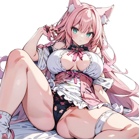 Anime Kawaii sexy Perfect Slim sensual body large breast and huge thighs, An intricate and highly detailed illustration of anime (Young girl). Complicated Details， 1 ，  Ridiculously Long Pink Hair， Calico cat ears， Anime Kawaii sexy Perfect Slim sensual bo...