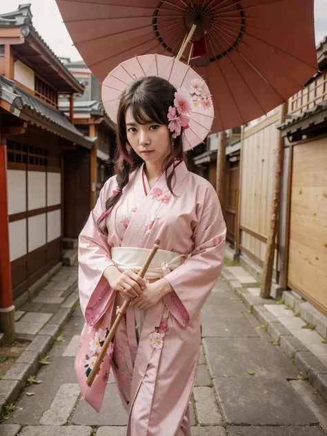 Yae Miko, Genshin Impact, wearind a pink kimono, carrying an umbrella with flower, Japanese historical cities, absurdres, high res, ultrasharp, 8k, masterpiece, looking at viewer