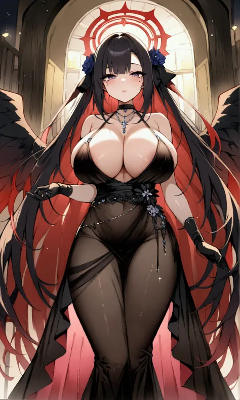 kysizzle、score_9、(Absurd、masterpiece、Professional Lighting、Beautiful illustrations)、hnkw、red halo、Mole under the eye、Huge breasts、Very long hair、Low Wing、Big Wings、Black choker、See-through dress、Elegant settings、formal