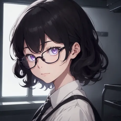 (1 boy), school boy, male, tie, holding a bool, cute boy, adorable, Thick black frame glasses, shy, black messy hair, bluish-grey eye color, wearing glasses, 4k, detailed, anime 4k, (Curly hair), from side, character focus, ((black light)),((dark lighting)...