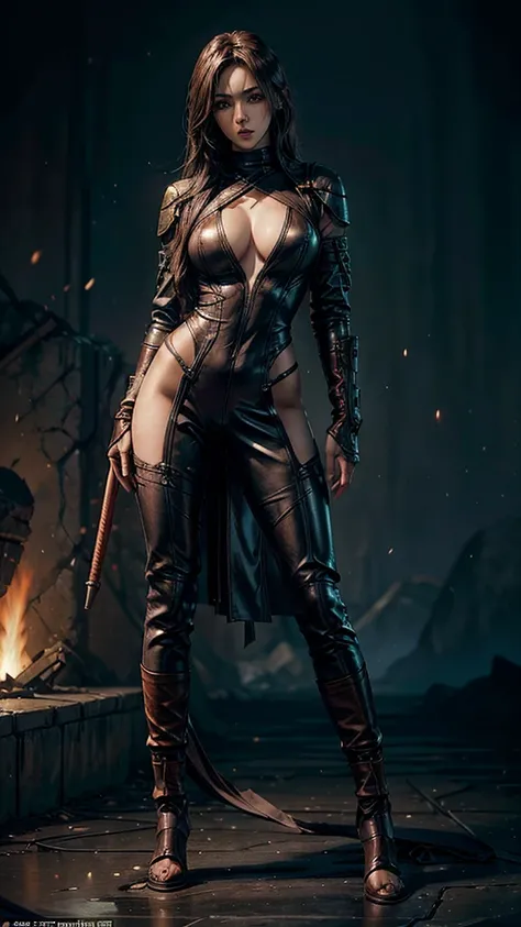 fantasy warrior woman wearing brown leather clothes, less detailed clothes, sexy, tight clothing, game character design, stylized anime style, ninja assassin, full body, standing in A-pose, ultra realistic, ultra HD, octane render, high quality, masterpiec...