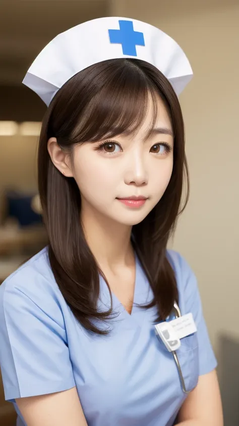 1woman, medium hair, brown hair, brown eyes, white nurse